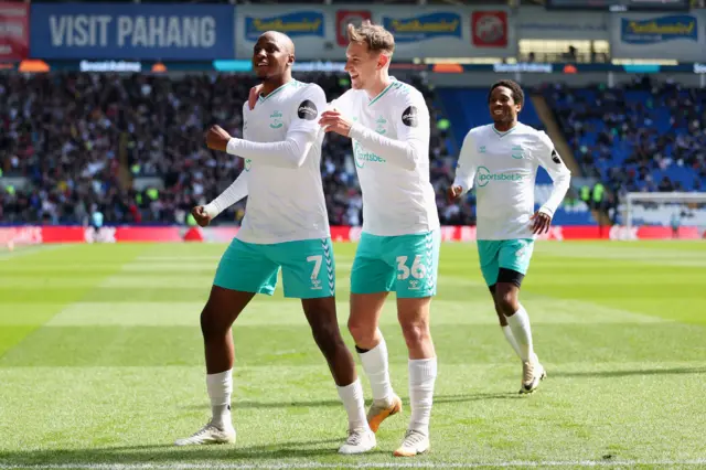 Joe Aribo celebrates giving Southampton the lead at Cardiff