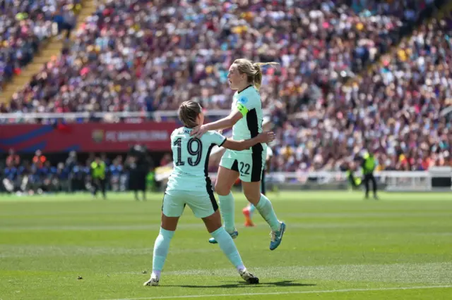 Cuthbert celebrates her goal v Barcelona with Kaneryd