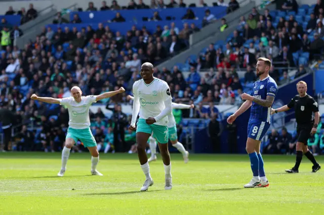 Joe Aribo celebrates giving Southampton the lead at Cardiff