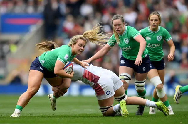 Aoife Dalton of Ireland is tackled by Zoe Aldcroft