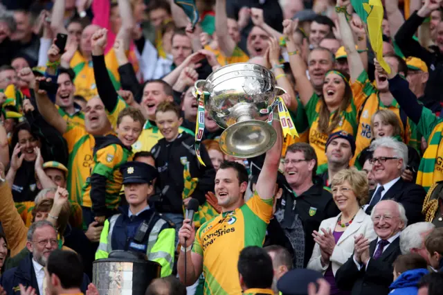 Michael Murphy lifts the Sam Maguire Cup after Donegal's triumph in 2012