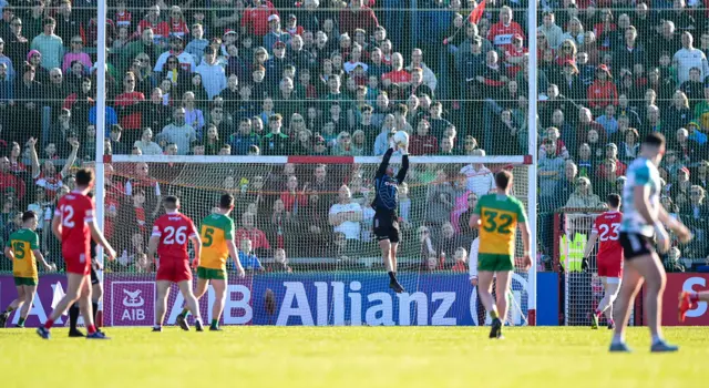 Donegal keeper Shaun Patton jumps high to deny Derry a point at Celtic Park