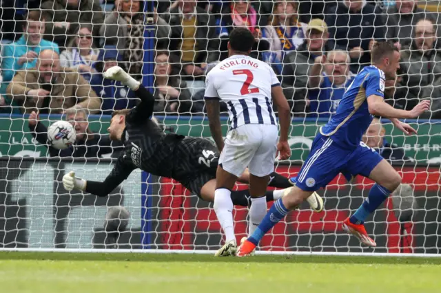 Jamie Vardy scores for Leicester against West Brom