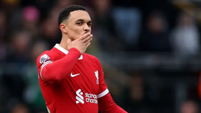 Liverpool's Trent Alexander-Arnold celebrates scoring against Fulham