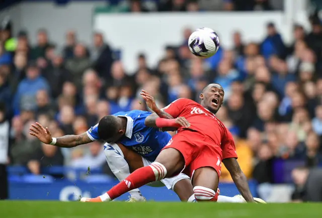 Nottingham Forest's Callum Hudson-Odoi is tackled by Everton's Ashley Young