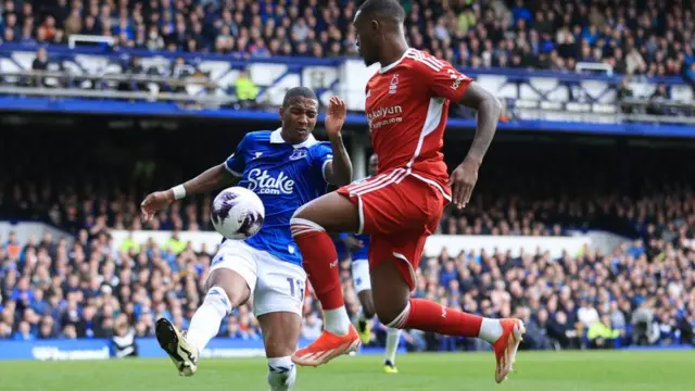 Ashley Young tries to block Callum Hudson-Odoi's cross in the Premier League match between Everton and Nottingham Forest