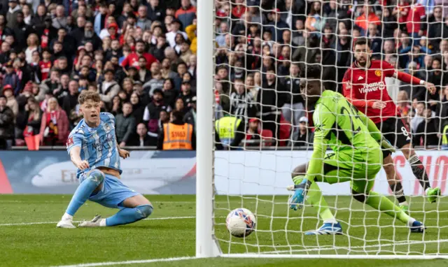 Victor Torp scores what would surely have been the winner for Coventry at the end of extra time