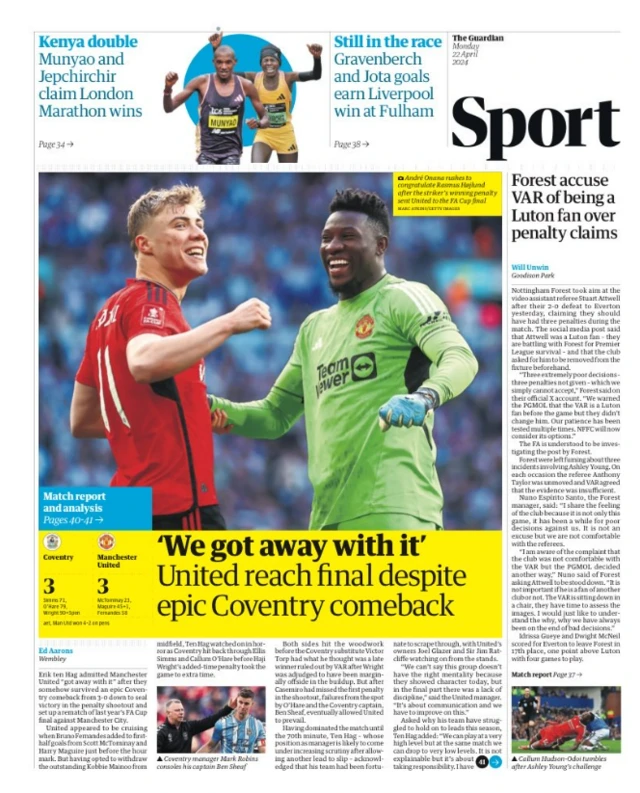 Main sport page in Monday's Guardian