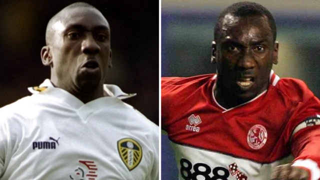 Jimmy Floyd Hasselbaink in Leeds colours (left) and Middlesbrough (right)