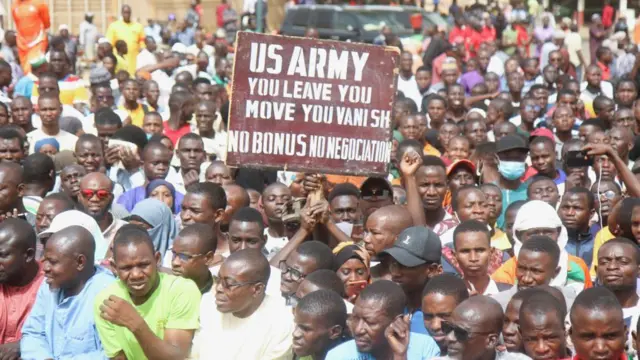 Nigeriens gather in a street to protest against the U.S. military presence, in Niamey, Niger April 13, 2024