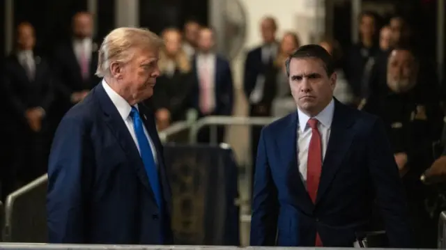 Former US President Donald Trump, left, and Todd Blanche, attorney for former US President Donald Trump, right, at Manhattan criminal court in New York, US, on Monday, April 22, 2024.