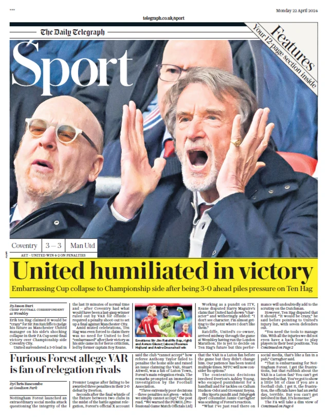 The main sport page in the Telegraph