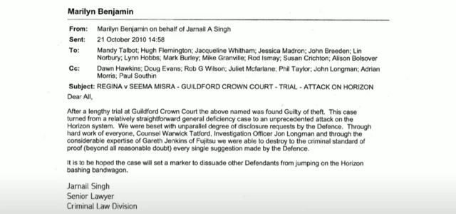 Email shown jury the Post Office Inquiry from Marilyn Benjamin on behalf of Jarnail Singh