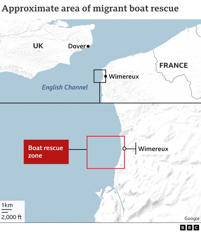 A map of the English Channel. It shows a red box highlighting an area in the sea labelled "Boat rescue zone" west of Wimereux