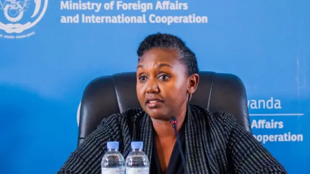 Rwandan government spokesperson Yolande Makolo talks during a press conference at the Rwandan Ministry of Foreign Affairs building in Kigali, Rwanda on June 14, 2022,