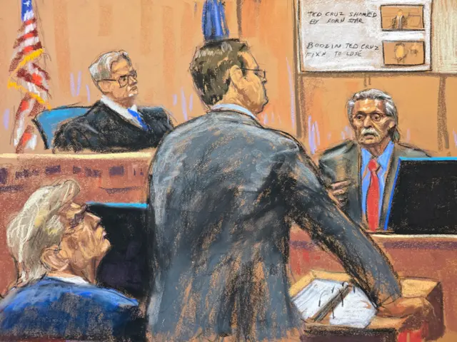 Former U.S. President Donald Trump watches as prosecutor Joshua Steinglass questions David Pecker during Trump's criminal trial on charges that he falsified business records to conceal money paid to silence porn star Stormy Daniels in 2016, in Manhattan state court in New York City, U.S. April 23, 2024 in this courtroom sketch. REUTERS/Jane Rosenberg