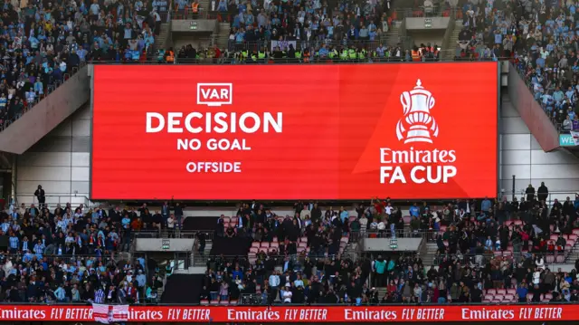 Wembley scoreboard shows VAR decision No Goal - Offside