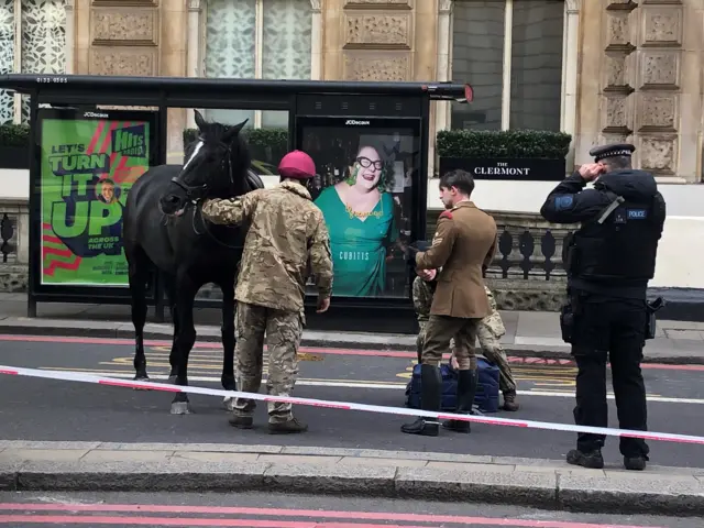 Members of the army and police hold onto one of the horses in central London