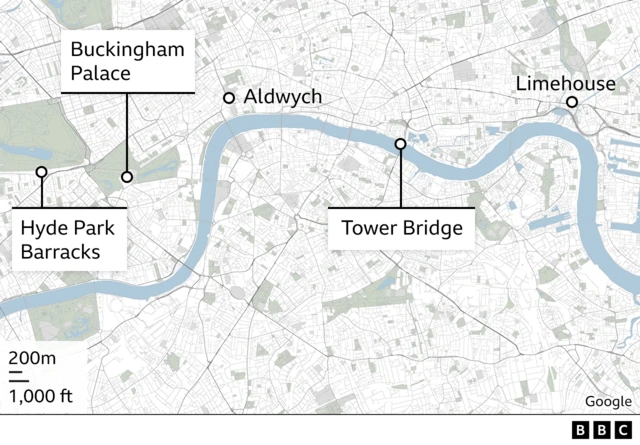 Map of central London locations where runaway horses were spotted.