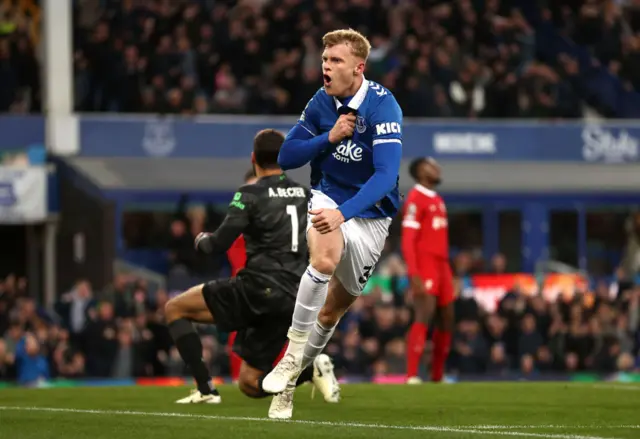 Branthwaite celebrates after opening the scoring v Liverpool