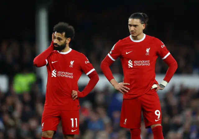 Salah and Nunez stand confused after their misses in front of goal