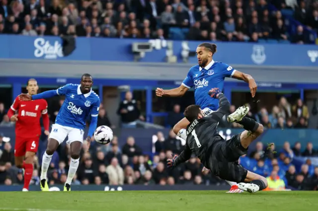 Alisson brings down Calvert-Lewin as he bursts past him