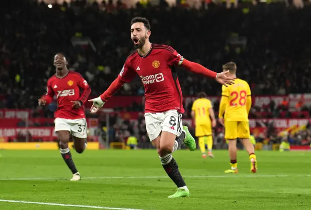 Bruno Fernandes celebrates scoring for Manchester United against Sheffield United