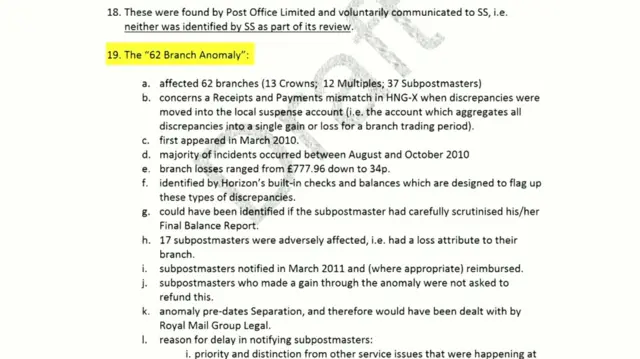 Document shown to the inquiry has the words The 62 Branch Anomaly highlighted