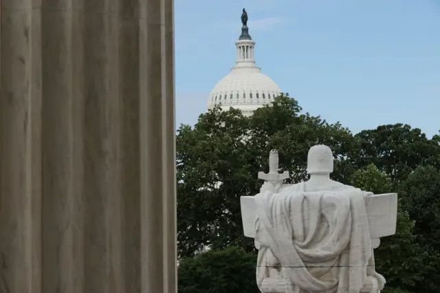 The statue Authority of Law by sculptor James Earle Fraser stands on the steps of the U.S. Supreme Court which ruled that LGBTQ people can not be disciplined or fired based on their sexual orientation June 15, 2020 in Washington, DC.