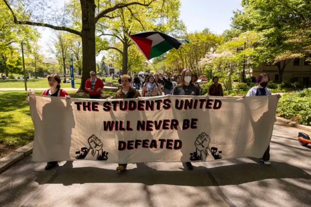 Students in pro-Palestinian groups gather in protest at American University in Washington DC