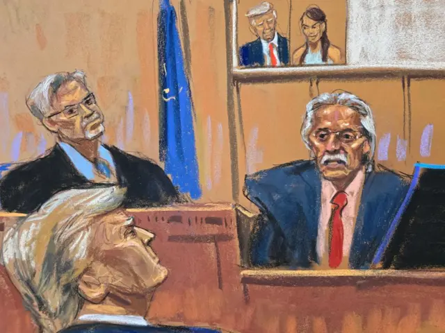 Former US President Donald Trump watches as David Pecker testifies during Trump's criminal trial on charges that he falsified business records to conceal money paid to silence porn star Stormy Daniels in 2016, in Manhattan state court in New York City, U.S. April 25, 2024 in this courtroom sketch.