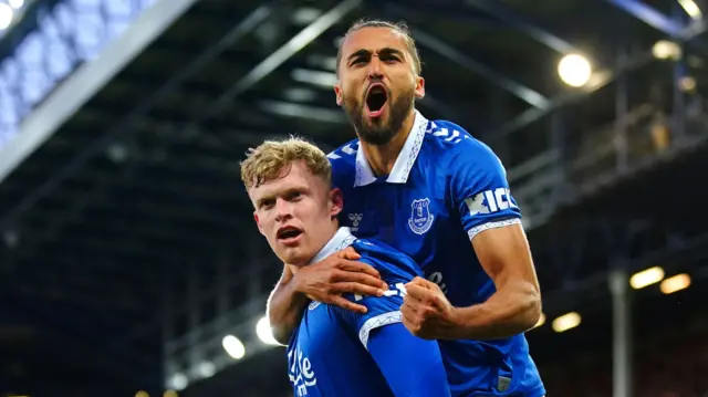 Jarrad Branthwaite and Dominic Calvert-Lewin celebrate