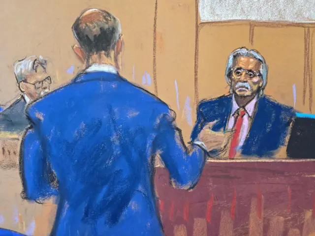 Courtrook sketch of David Pecker and Emil Bove