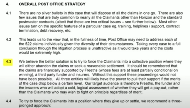 Document showing "overall post office strategy" for solicitors at 2019 Horizon case.