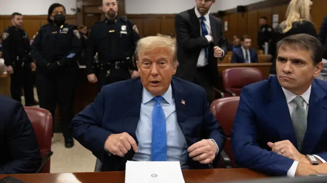 Former US President Donald Trump sits in the courtroom at Manhattan criminal court in New York, US, on Friday, April 26, 2024. T