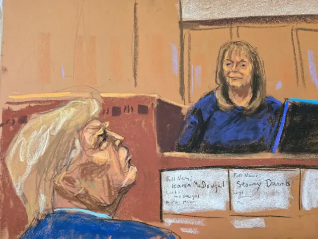 Rhona Graff testifies as former U.S. President Donald Trump looks on during Trump's criminal trial on charges that he falsified business records to conceal money paid to silence porn star Stormy Daniels in 2016, in Manhattan state court in New York City, U.S. April 26, 2024,