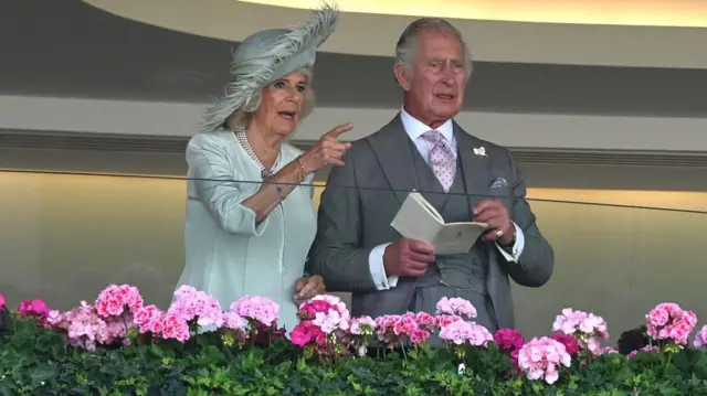 King Charles and Queen Camilla react to the Royal Ascot