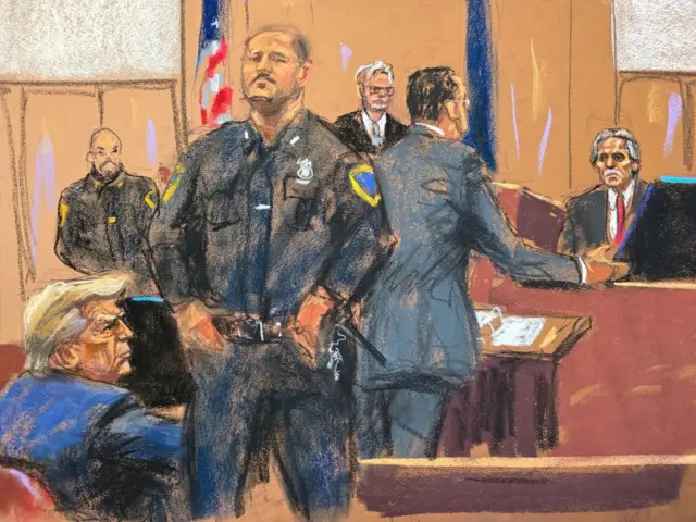 David Pecker is questioned by prosecutor Joshua Steinglass during former U.S. President Donald Trump's criminal trial on charges that he falsified business records to conceal money paid to silence porn star Stormy Daniels in 2016, in Manhattan state court in New York City, U.S. April 26, 2024 in this courtroom sketch.