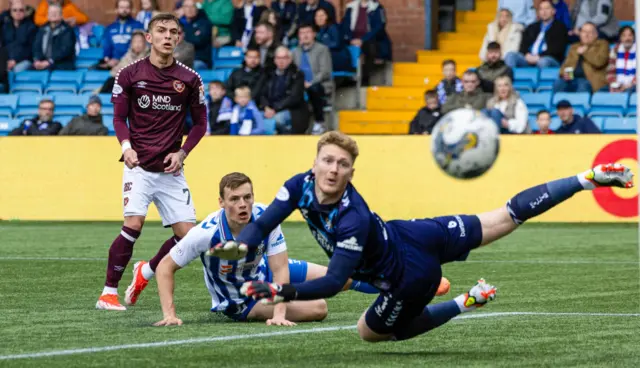 Hearts' Kenneth Vargas has a shot on target during a cinch Premiership match between Kilmarnock and Heart of Midlothain at Rugby Park, on April 27, 2024, in Kilmarnock, Scotland.