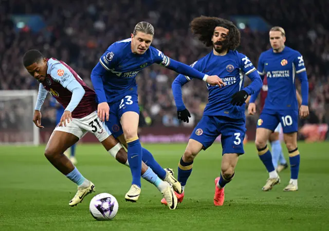 Leon Bailey of Aston Villa is challenged by Conor Gallagher