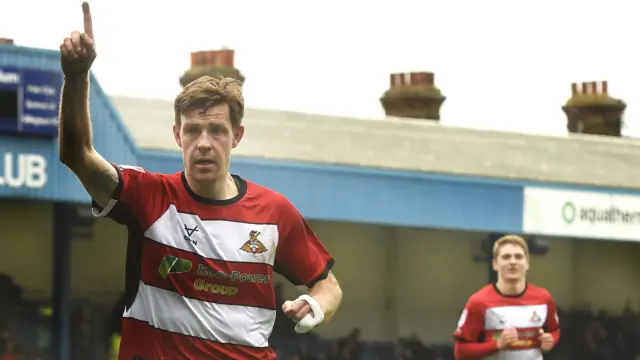 Joe Ironside, of Doncaster Rovers, celebrates scoring at Gillingham