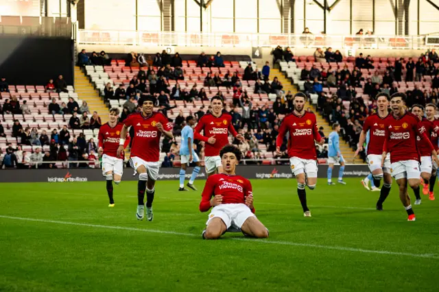 Ethan Wheatley of Manchester United celebrates scoring a goal to make the score 1-0 during the U18 Premier League Cup Final