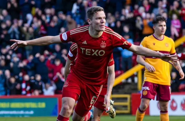 Aberdeen's Stefan Gartenmann celebrates as he scores to make it 1-0 during a cinch Premiership match between Aberdeen and Motherwell at Pittodrie Stadium