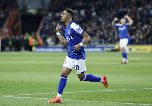 Omari Hutchinson celebrates putting Ipswich 3-2 up at Hull