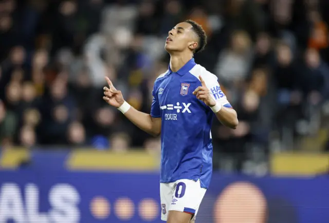 Omari Hutchinson celebrates giving Ipswich a 2-1 lead at Hull