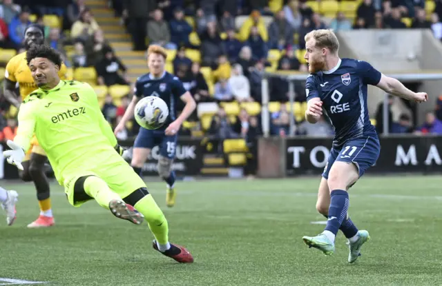 Ross County's Josh Sims has a shot saved by Livingston's Shamal George