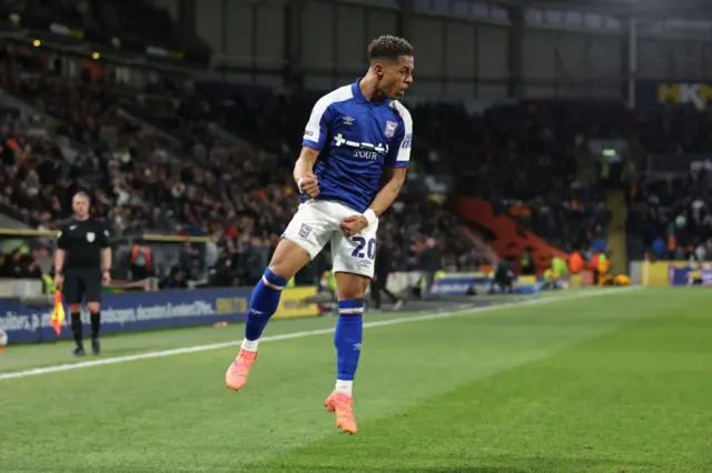 Omari Hutchinson celebrates scoring for Ipswich at Hull