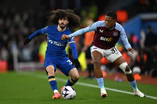 Marc Cucurella of Chelsea runs with the ball whilst under pressure from Leon Bailey