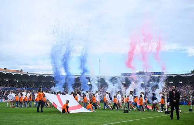 A general view of the inside of the stadium as players of England and France walk out of the tunnel