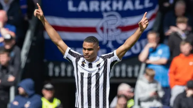 St Mirren's Mikael Mandron celebrates after making it 1-1 during a cinch Premiership match between St Mirren and Rangers at SMiSA Stadium, on April 28, 2024, in Paisley, Scotland.